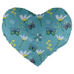 Butterflies Flowers Blue Background Spring Pattern Large 19  Premium Heart Shape Cushions