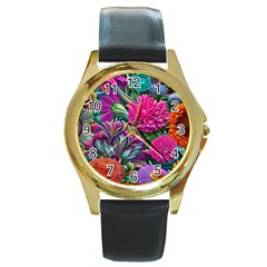 Flowers Nature Spring Blossom Flora Petals Art Round Gold Metal Watch