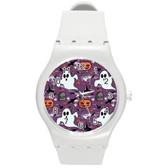 Pumpkin Ghost Witch Hat Halloween Sketch Holiday Round Plastic Sport Watch (m)