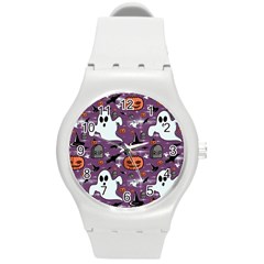 Pumpkin Ghost Witch Hat Halloween Sketch Holiday Round Plastic Sport Watch (m) by Ravend