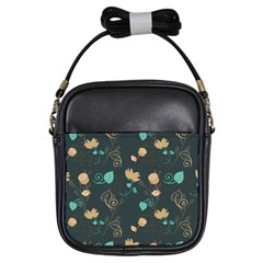 Flowers Leaves Pattern Seamless Green Background Girls Sling Bag by Ravend