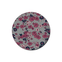 Traditional Cherry Blossom On A Gray Background Rubber Round Coaster (4 Pack)