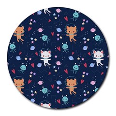 Cute Astronaut Cat With Star Galaxy Elements Seamless Pattern Round Mousepad by Salman4z