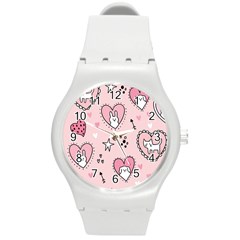 Cartoon Cute Valentines Day Doodle Heart Love Flower Seamless Pattern Vector Round Plastic Sport Watch (m) by Salman4z