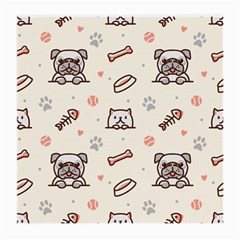 Pug Dog Cat With Bone Fish Bones Paw Prints Ball Seamless Pattern Vector Background Medium Glasses Cloth by Salman4z