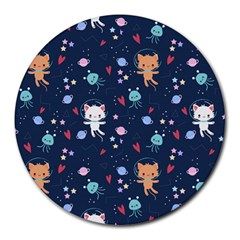 Cute-astronaut-cat-with-star-galaxy-elements-seamless-pattern Round Mousepad by Salman4z