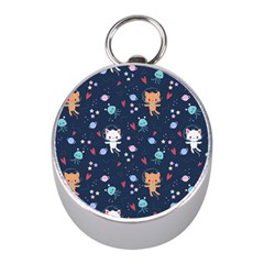 Cute-astronaut-cat-with-star-galaxy-elements-seamless-pattern Mini Silver Compasses by Salman4z