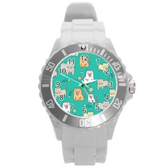 Seamless-pattern-cute-cat-cartoon-with-hand-drawn-style Round Plastic Sport Watch (l) by Salman4z