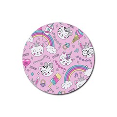 Beautiful-cute-animals-pattern-pink Rubber Coaster (round) by Salman4z