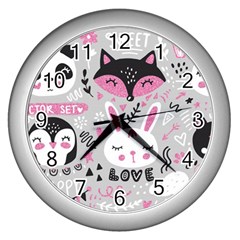 Big-set-with-cute-cartoon-animals-bear-panda-bunny-penguin-cat-fox Wall Clock (silver)