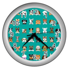 Different-type-vector-cartoon-dog-faces Wall Clock (silver)