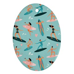 Beach-surfing-surfers-with-surfboards-surfer-rides-wave-summer-outdoors-surfboards-seamless-pattern- Ornament (oval) by Salman4z