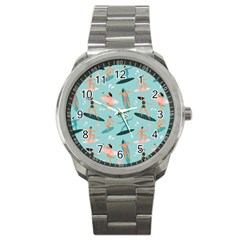 Beach-surfing-surfers-with-surfboards-surfer-rides-wave-summer-outdoors-surfboards-seamless-pattern- Sport Metal Watch by Salman4z