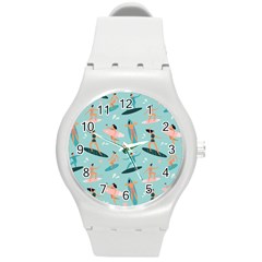 Beach-surfing-surfers-with-surfboards-surfer-rides-wave-summer-outdoors-surfboards-seamless-pattern- Round Plastic Sport Watch (m) by Salman4z