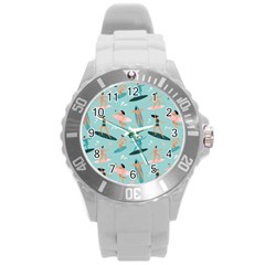Beach-surfing-surfers-with-surfboards-surfer-rides-wave-summer-outdoors-surfboards-seamless-pattern- Round Plastic Sport Watch (l) by Salman4z