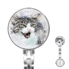 Cat Pet Art Abstract Watercolor Stainless Steel Nurses Watch by Jancukart