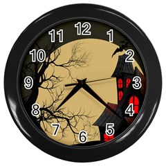 Halloween Moon Haunted House Full Moon Dead Tree Wall Clock (black) by Ravend