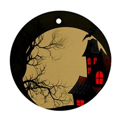 Halloween Moon Haunted House Full Moon Dead Tree Round Ornament (two Sides) by Ravend