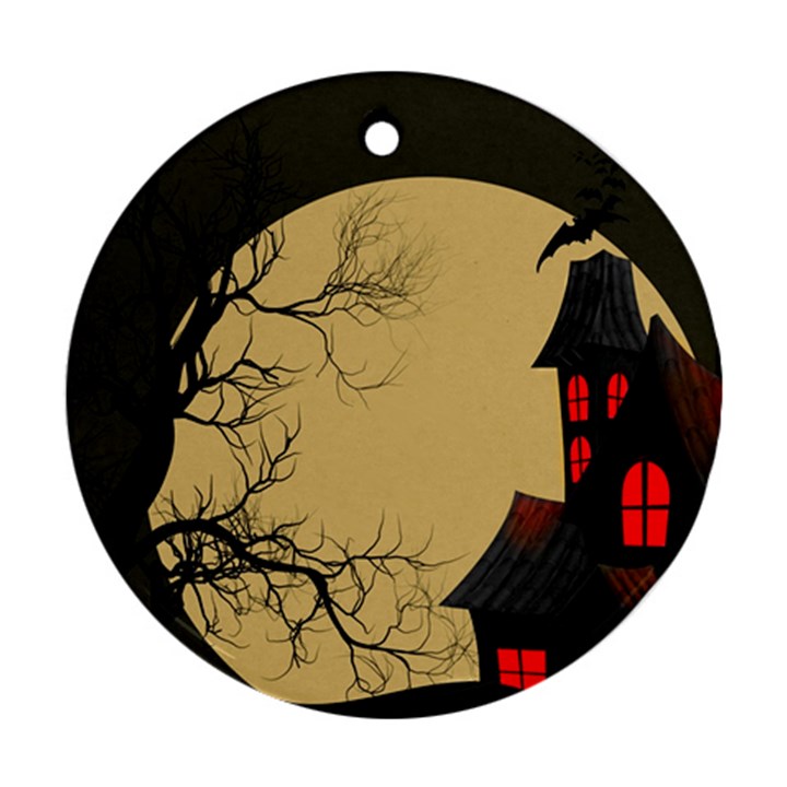 Halloween Moon Haunted House Full Moon Dead Tree Round Ornament (Two Sides)