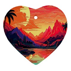 Tropical Landscape Island Background Wallpaper Heart Ornament (two Sides)