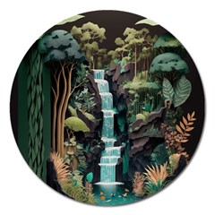 Jungle Tropical Trees Waterfall Plants Papercraft Magnet 5  (round)