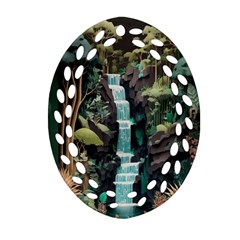 Jungle Tropical Trees Waterfall Plants Papercraft Ornament (oval Filigree) by Ravend