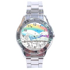 Rainbow Fun Cute Minimal Doodle Drawing Stainless Steel Analogue Watch