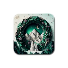 Christmas Wreath Winter Mountains Snow Stars Moon Rubber Square Coaster (4 Pack)