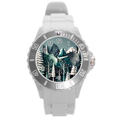 Forest Papercraft Trees Background Round Plastic Sport Watch (l)