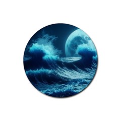 Moonlight High Tide Storm Tsunami Waves Ocean Sea Rubber Round Coaster (4 Pack) by Ravend