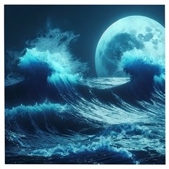 Moonlight High Tide Storm Tsunami Waves Ocean Sea Wooden Puzzle Square by Ravend