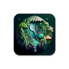 Waterfall Jungle Nature Paper Craft Trees Tropical Rubber Coaster (square)