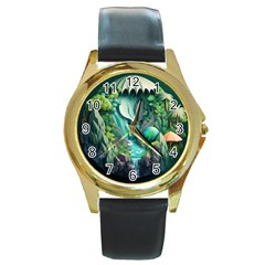 Waterfall Jungle Nature Paper Craft Trees Tropical Round Gold Metal Watch by Ravend