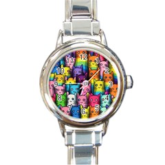 Cats Rainbow Pattern Colorful Feline Pets Round Italian Charm Watch