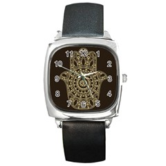 Hamsa-hand-drawn-symbol-with-flower-decorative-pattern Square Metal Watch by Salman4z