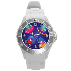 Cartoon-funny-aliens-with-ufo-duck-starry-sky-set Round Plastic Sport Watch (l) by Salman4z