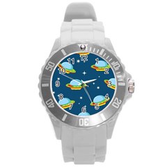 Seamless-pattern-ufo-with-star-space-galaxy-background Round Plastic Sport Watch (l) by Salman4z