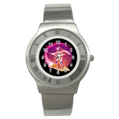 Astronaut-spacesuit-standing-surfboard-surfing-milky-way-stars Stainless Steel Watch by Salman4z