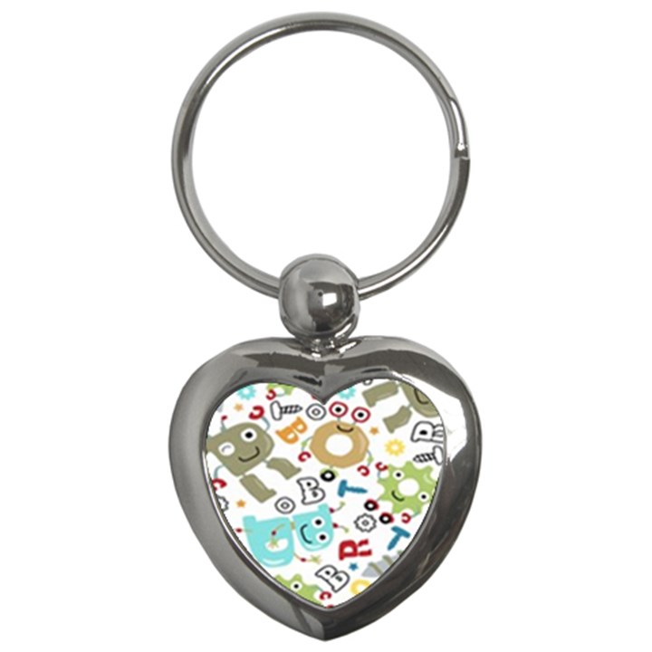 Seamless-pattern-vector-with-funny-robots-cartoon Key Chain (Heart)