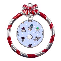 Seamless-pattern-with-space-theme Metal Red Ribbon Round Ornament by Salman4z