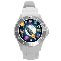 Spaceship-astronaut-space Round Plastic Sport Watch (l)