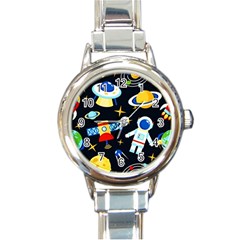 Space Seamless Pattern Round Italian Charm Watch by Salman4z