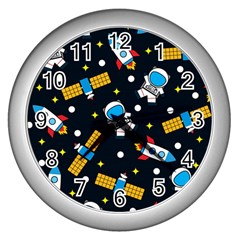 Seamless-adventure-space-vector-pattern-background Wall Clock (silver)