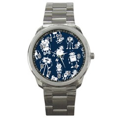 White-robot-blue-seamless-pattern Sport Metal Watch by Salman4z