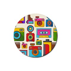 Retro-cameras-audio-cassettes-hand-drawn-pop-art-style-seamless-pattern Rubber Round Coaster (4 Pack) by Salman4z