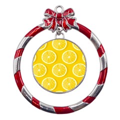 Lemon-fruits-slice-seamless-pattern Metal Red Ribbon Round Ornament by Salman4z