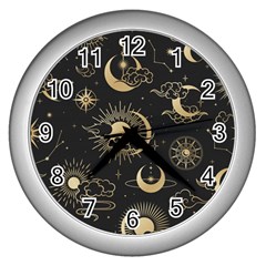 Asian-seamless-pattern-with-clouds-moon-sun-stars-vector-collection-oriental-chinese-japanese-korean Wall Clock (silver) by Salman4z