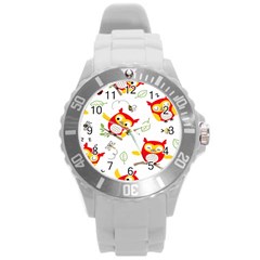 Seamless-pattern-vector-owl-cartoon-with-bugs Round Plastic Sport Watch (l)