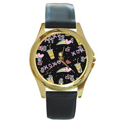 Cute-girl-things-seamless-background Round Gold Metal Watch by Salman4z