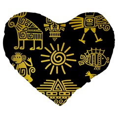 Maya-style-gold-linear-totem-icons Large 19  Premium Heart Shape Cushions by Salman4z